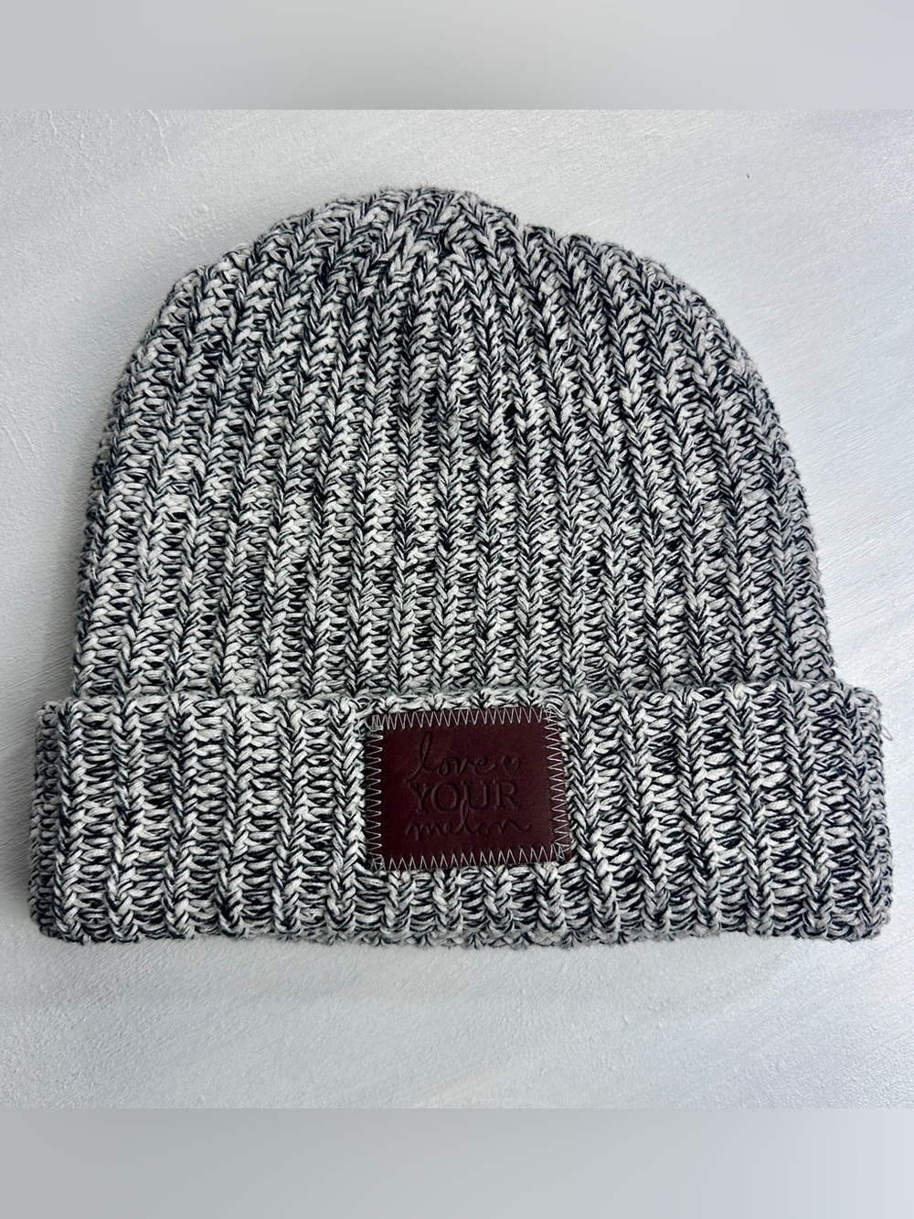 Love Your Melon Black & White Marled Knit Beanie with Leather Patch